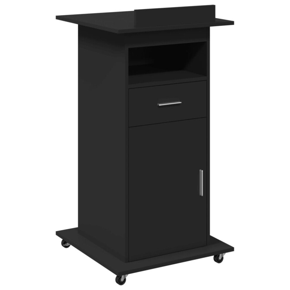 (black) vidaXL Lectern with Wheels and Drawer Pulpit Podium Stand Engineered Wood