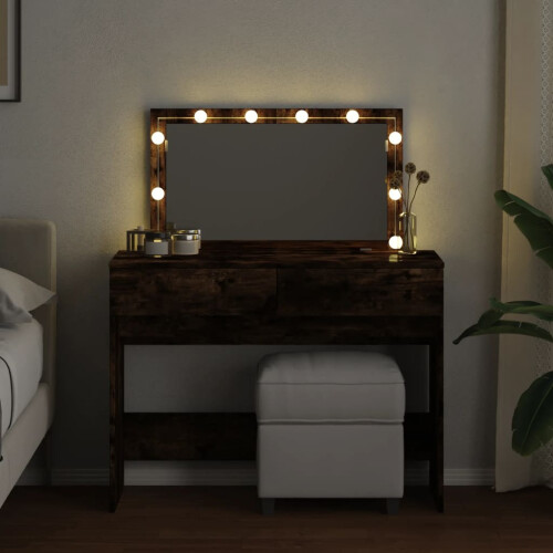 VidaXL (smoked oak) vidaXL Dressing Table with LED Cosmetic Table Vanity Makeup Table Brown Oak 2