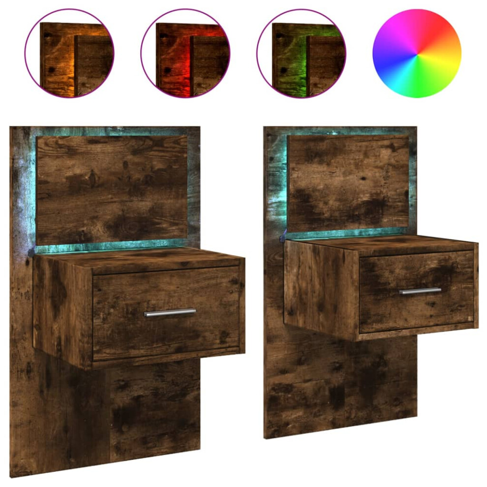 (smoked oak, 2 pcs) vidaXL Wall-mounted Bedside Cabinet with LED Lights Bed Table Bed Cabinet