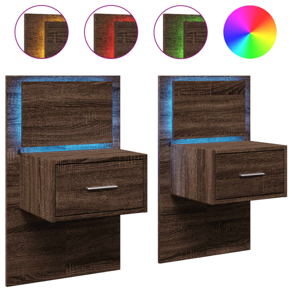 (brown oak, 2 pcs) vidaXL Wall-mounted Bedside Cabinet with LED Lights Bed Table Bed Cabinet