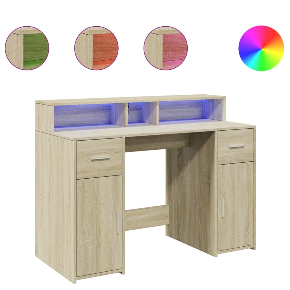 vidaXL Desk with LED Lights Writing Working Table Sonoma Oak Engineered Wood