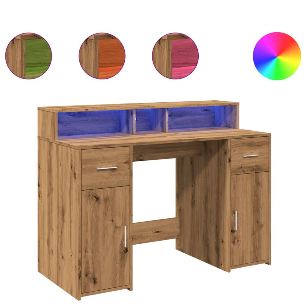 Vidaxl Desk With Led Lights Writing Working Table Artisian Oak Engineered Wood
