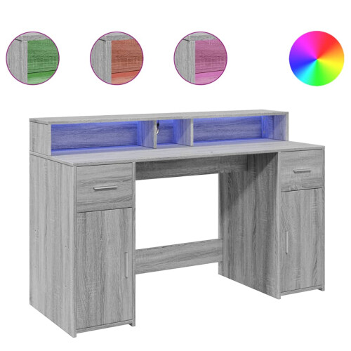 VidaXL vidaXL Desk with LED Lights Writing Working Table Grey Sonoma Engineered Wood 1