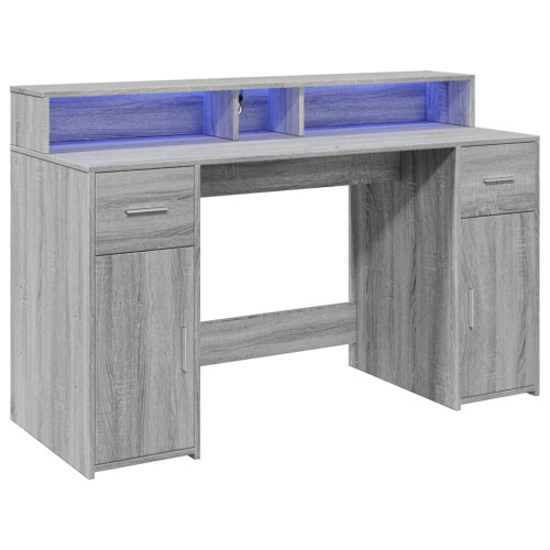 VidaXL vidaXL Desk with LED Lights Writing Working Table Grey Sonoma Engineered Wood 2