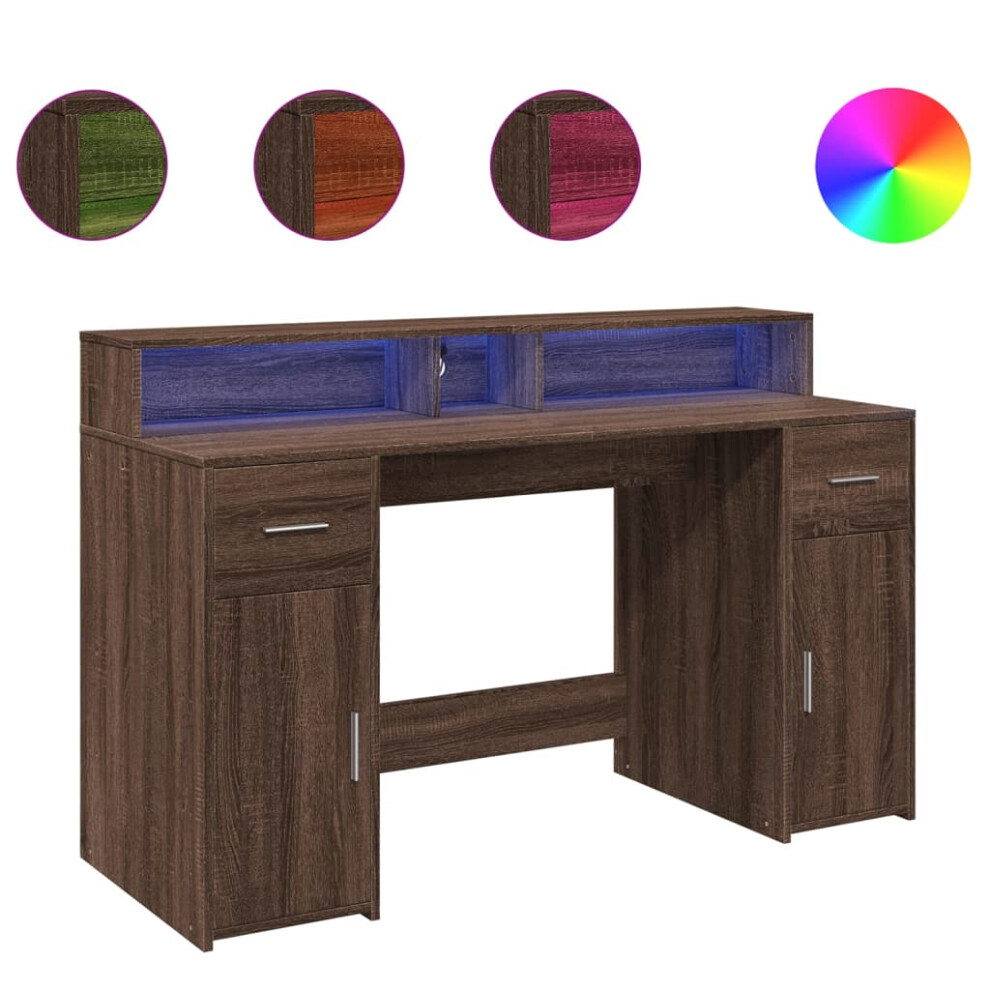 vidaXL Desk with LED Lights Writing Working Table Brown Oak Engineered Wood