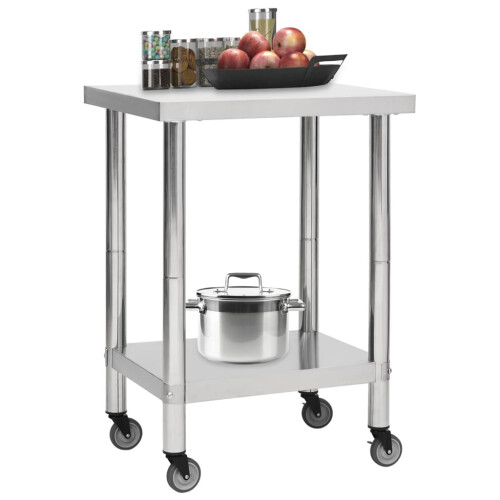 VidaXL vidaXL Kitchen Work Table with Wheels Stainless Steel Home Gastronomy Workable 1
