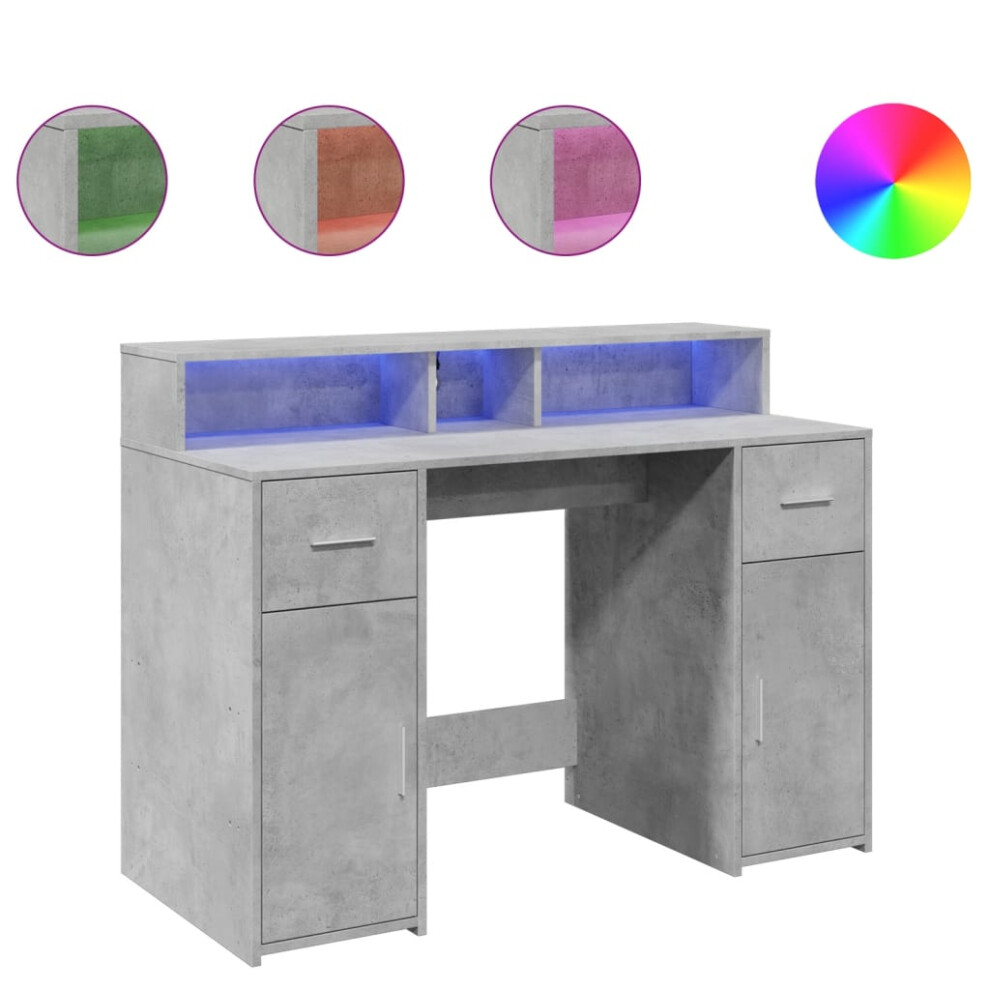 vidaXL Desk with LED Lights Study Working Table Concrete Grey Engineered Wood