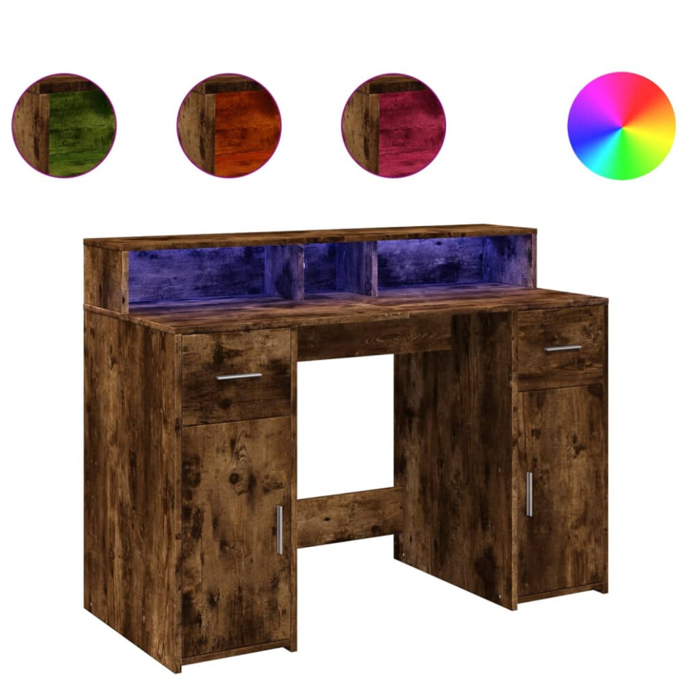 vidaXL Desk with LED Lights Writing Working Table Smoked Oak Engineered Wood