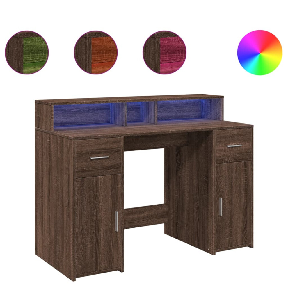 Vidaxl Desk With Led Lights Writing Working Table Oak Engineered Wood Brown