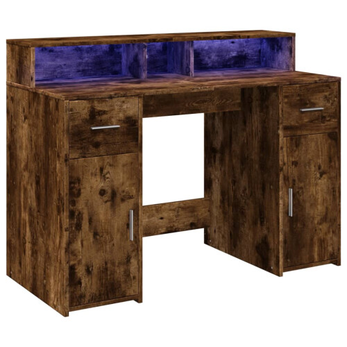 VidaXL vidaXL Desk with LED Lights Writing Working Table Smoked Oak Engineered Wood 2