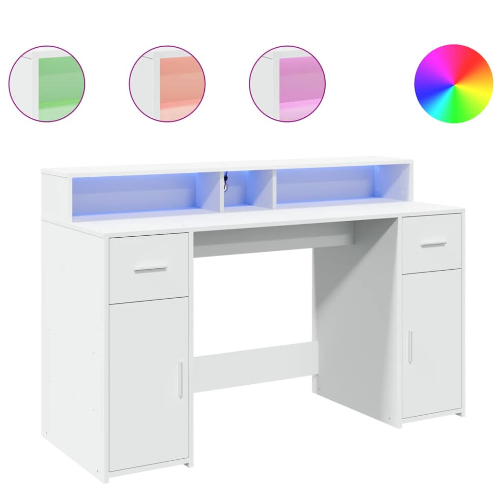 vidaXL Desk With LED Lights Writing Table Working Table White Engineered Wood