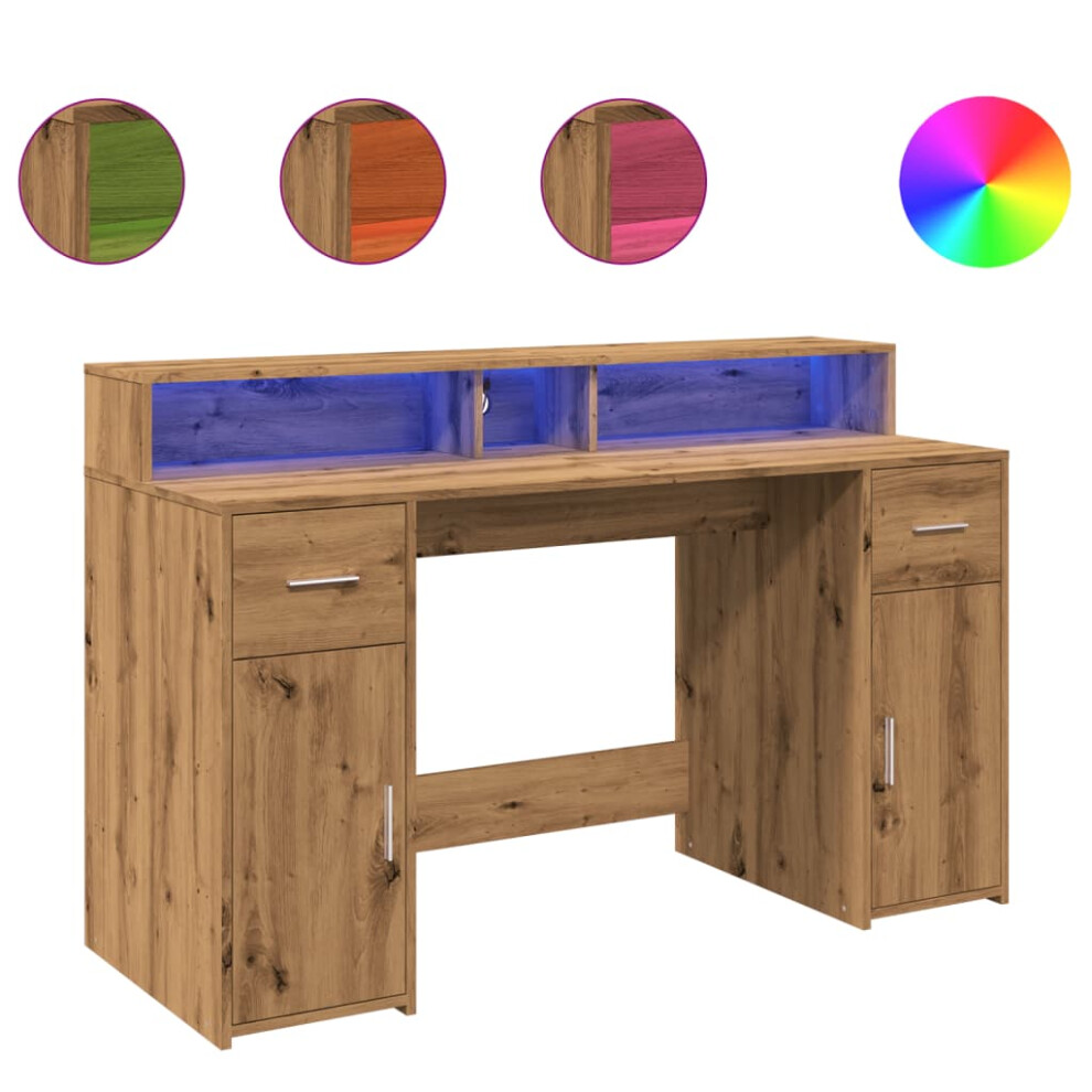 Vidaxl Desk With Led Lights Writing Working Table Artisian Oak Engineered Wood