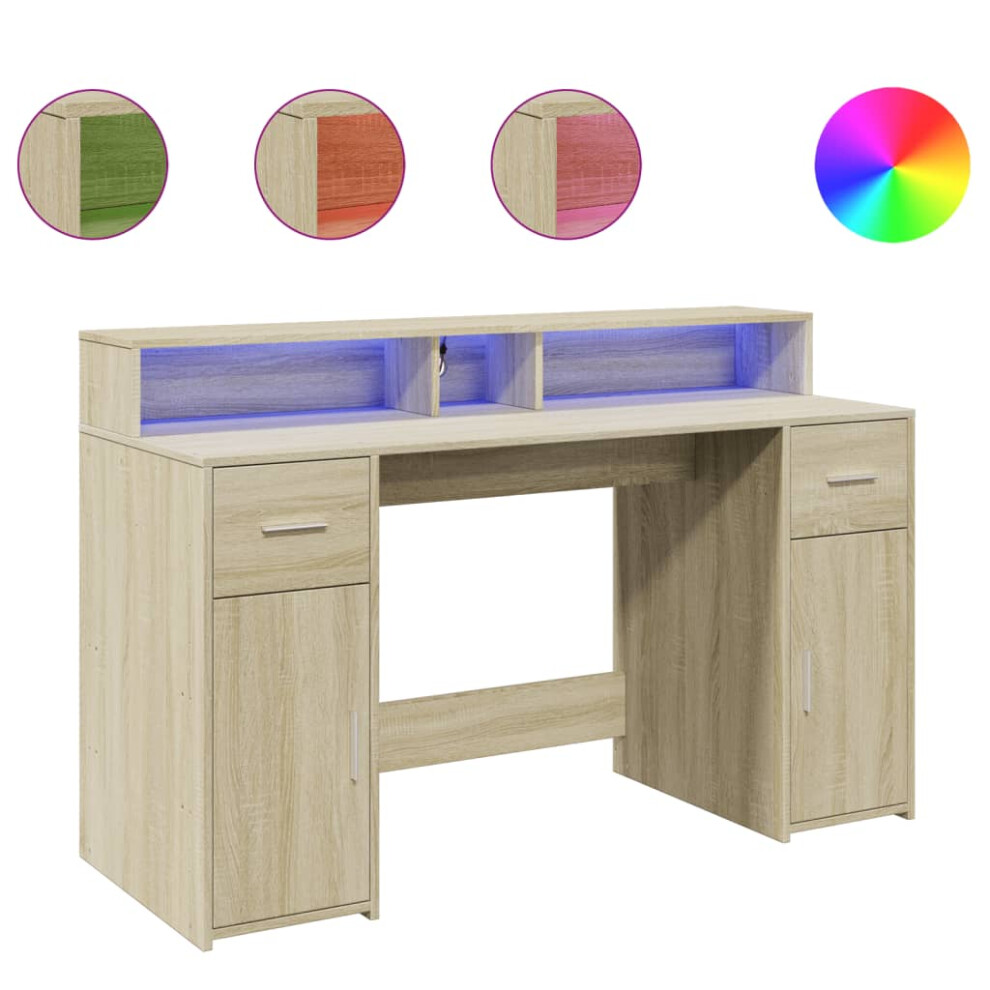 vidaXL Desk with LED Lights Writing Working Table Sonoma Oak Engineered Wood