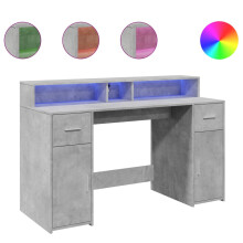 vidaXL Desk with LED Lights Study Working Table Concrete Grey Engineered Wood