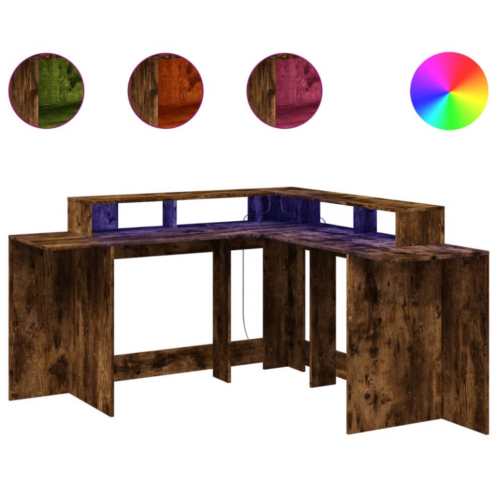 vidaXL Desk with LED Lights Writing Working Table Smoked Oak Engineered Wood