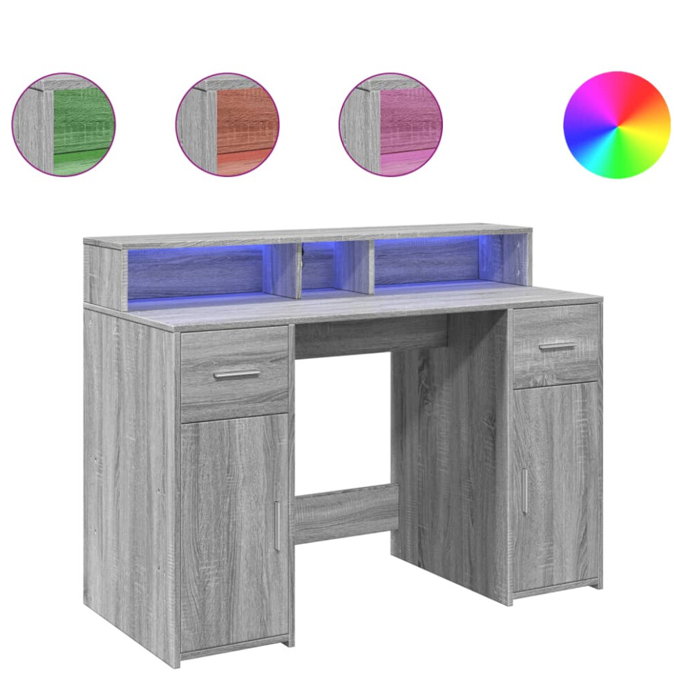 vidaXL Desk with LED Lights Writing Working Table Grey Sonoma Engineered Wood