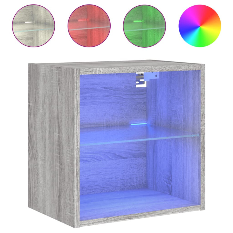Vidaxl Bedside Cabinet With Led Lights Wall-Mounted Nightstand Grey Sonoma