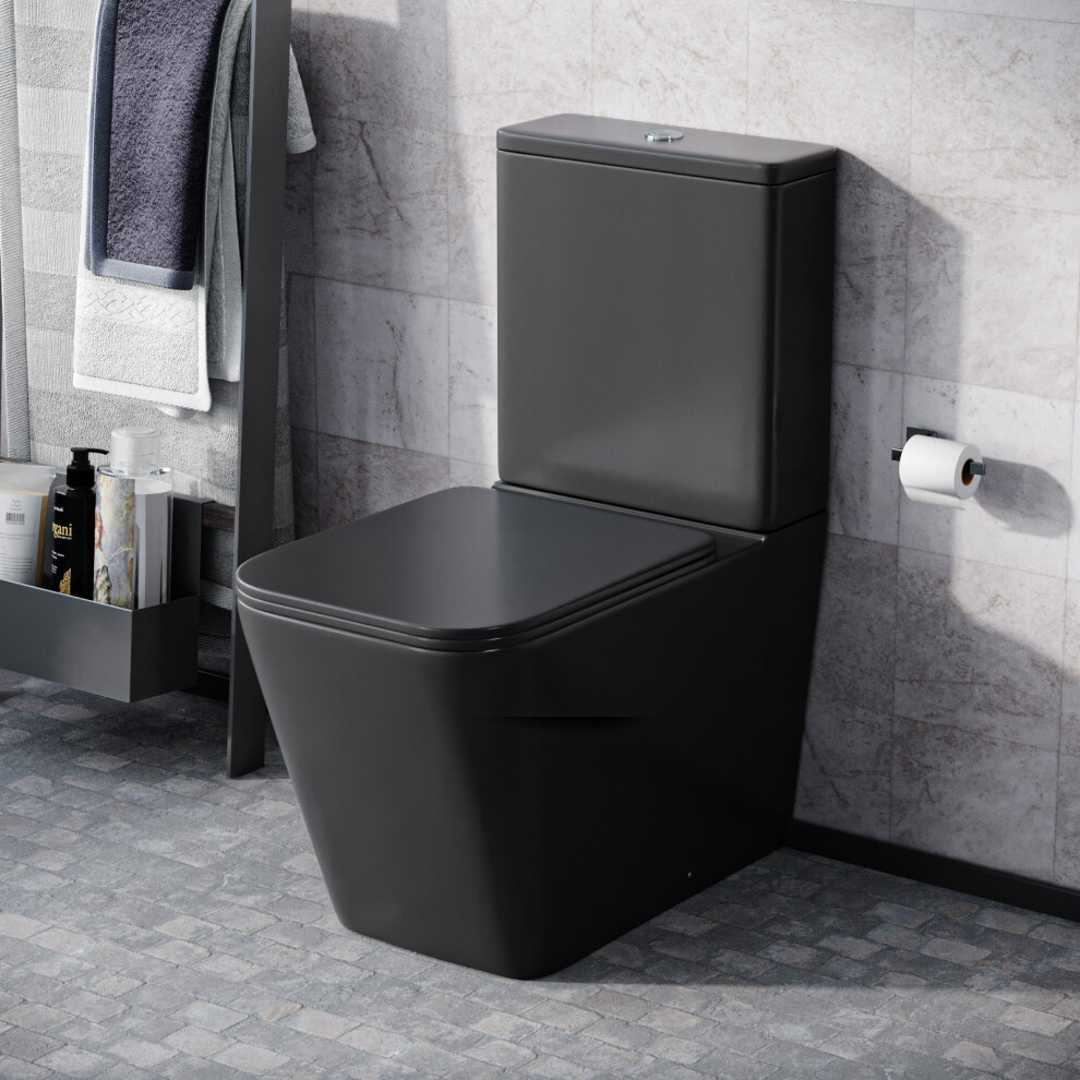 Nes Home Rimless Square Close Coupled Toilet Pan, Cistern & Seat Matt Black