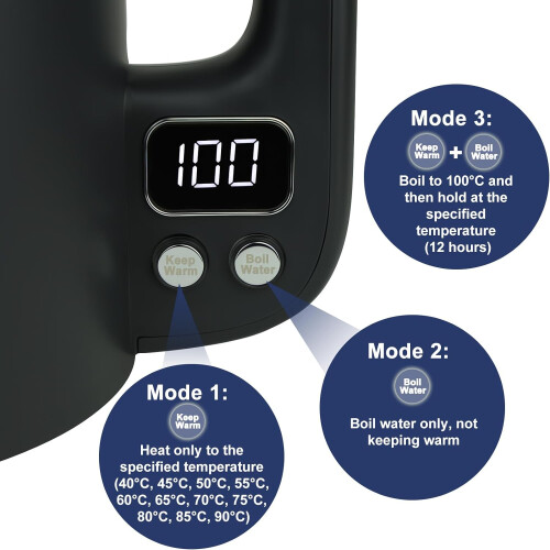 Electric Kettle 1.7L Temperature Control Kettle Digital Display with Keep Warm Function, 304 Stainless Steel Fast Boiling Black Kettle 2