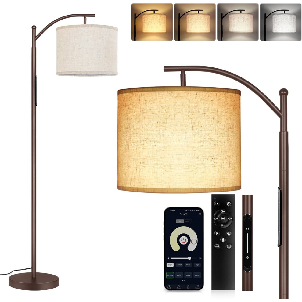 (Brown) Dimmable floor lamp with touch control, remote control and app control, 3000K-6000K adjustable color temperature, LED tall lamp with beige lampshade