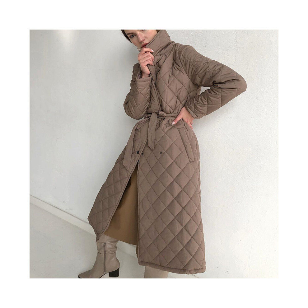 (M, C20266-light coffee) Argyle Long Cotton-padded Parkas Women Belted Thick Warm Winter Jacke