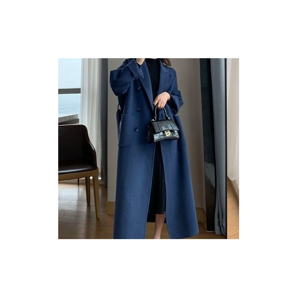 (L, Navy) Autumn Winter Women Woolen Cloth Coat Warm Long Length Double Breasted