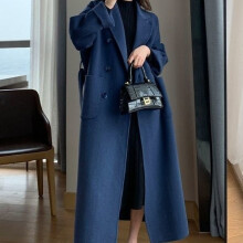 (xxL, Navy) Autumn Winter Women Woolen Cloth Coat Warm Long Length Double Breasted