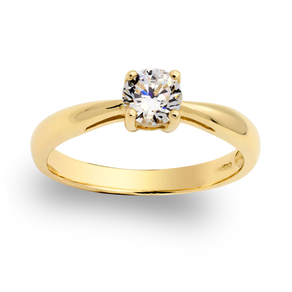 (O) Jewelco London Ladies Solid 9ct Yellow Gold White Round Brilliant Cubic Zirconia Solitaire Engagement Ring - JRN534