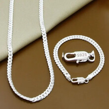 (50cm and 20cm) 925 Sterling Silver 2 Piece Full Side Chain Unisex Necklace Bracelet Set