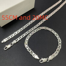 (Silver55CMand20CM) 925 Sterling Silver 6MM Mens Necklace Bracelet Set