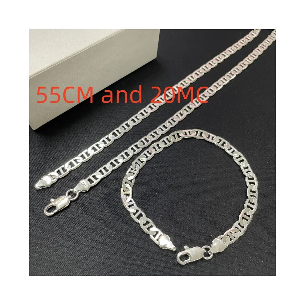 (Silver55CMand20CM) 925 Sterling Silver 6MM Mens Necklace Bracelet Set