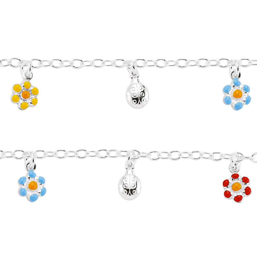 Jewelco London Girls Sterling Silver Blue Yellow Red Enamelled Daisy Ladybird Charm Bracelet 5.5-6.25 inches / 14-16cm - GVB160