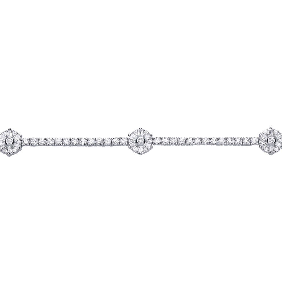 Jewelco London Ladies Sterling Silver Baguette Cubic Zirconia Baguette Flower Tennis Bracelet 9mm 7 inch - GVB169