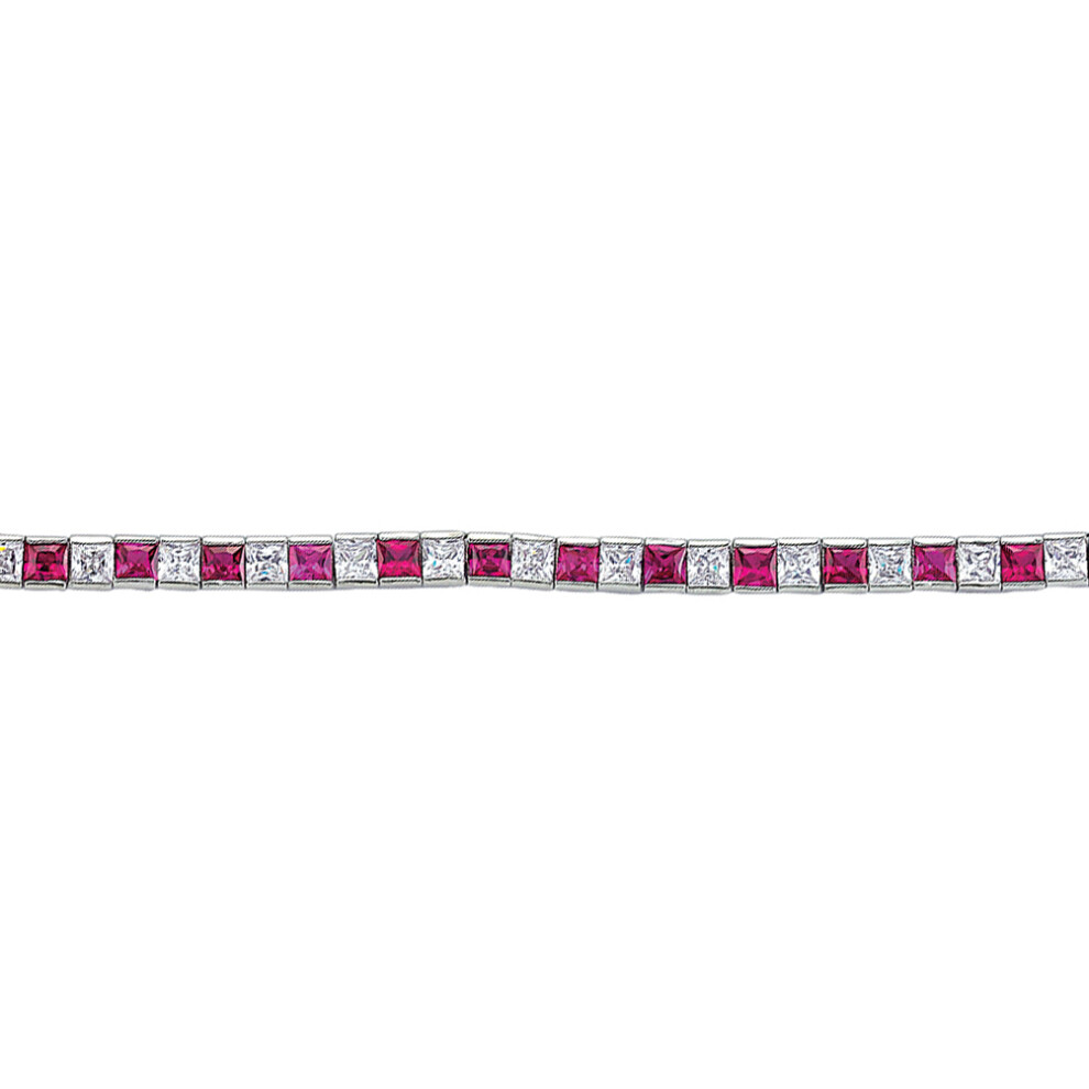 Jewelco London Ladies Sterling Silver Ruby-Red Princess Cut Cubic Zirconia Alternating Eternity Tennis Bracelet 4mm - GVB103-RUB