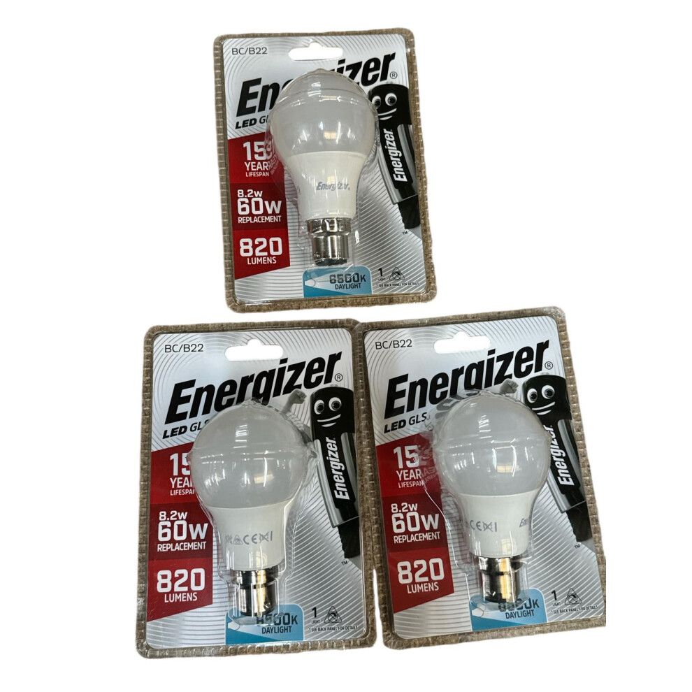 Energizer 8.2w B22 6500k Daylight, 820lm, pack of 3