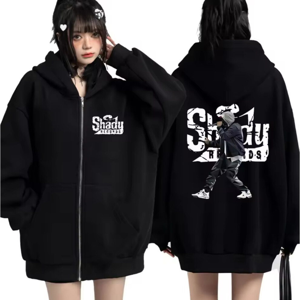 (S, black) Hip-hop singer Eminem zip-up hoodie Slim Shady music album rap graphic cardigan sweatshirt jacket