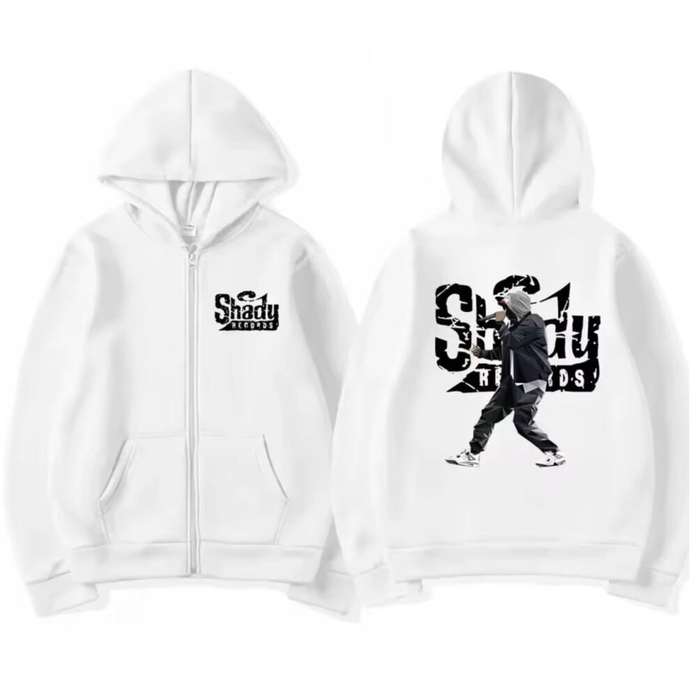(XL, White) Hip-hop singer Eminem zip-up hoodie Slim Shady music album rap graphic cardigan sweatshirt jacket