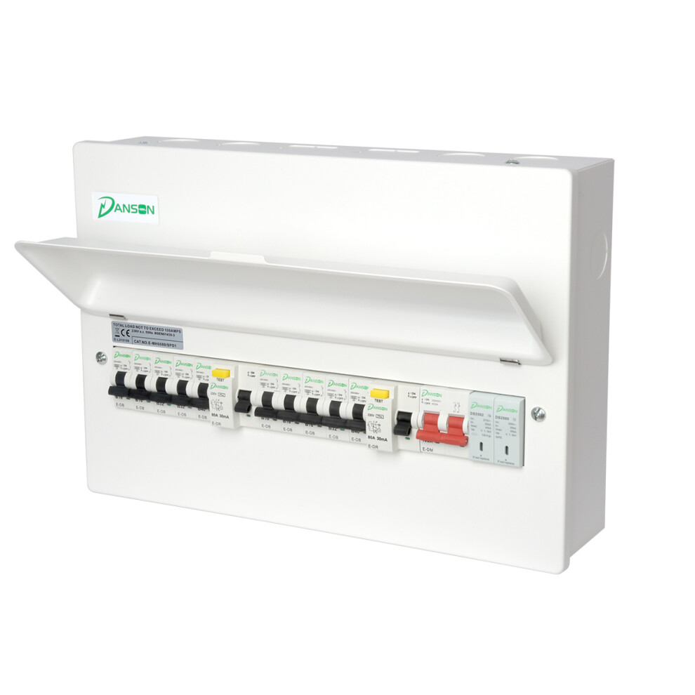 DANSON 11 WAY HI INT METAL CONS UNIT C/W WITH SPD, 100A MAIN SW, 2 X 80A 30mA RCD +10 MCB OF CHOICE