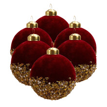 Burgundy Flocked Glass Christmas Balls, 6pcs, 8cm