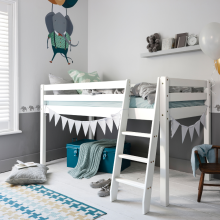 Moro Cabin Bed Midsleeper in Classic White - Solid Pine, Left or Right Angled Ladder, Fits 190x90 Mattress - Space Underneath for Play or Storage