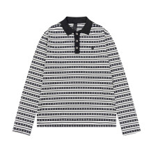 (L, Black) ChromeHearts Fall/Winter Striped Seersucker Long Sleeve Polo Shirt