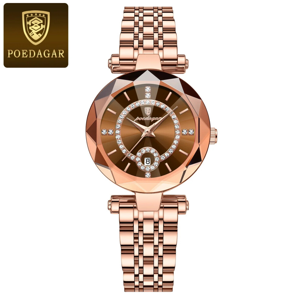 (Rose Gold Brown) Ladies Quartz Watch Waterproof Stainless Steel Womens Wristwatch