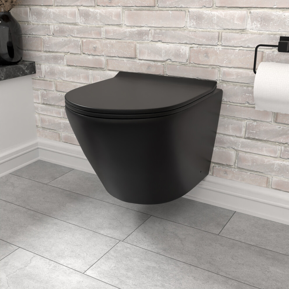 Nes Home Round Rimless Wall Hung Toilet Pan & Soft Close Seat Matte Black