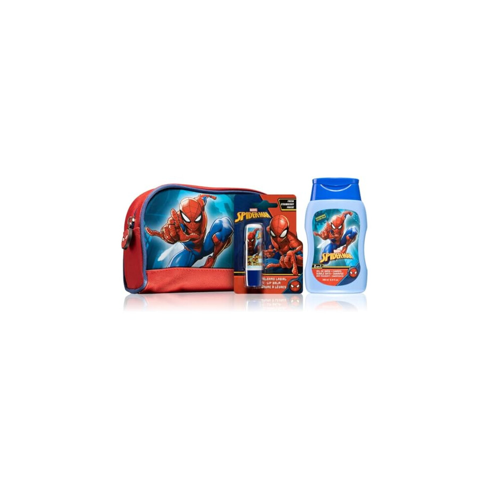 Spiderman Kids Toiletry Bag Gift Set - Boys Toiletry Bag with Extra Mild 2-in-1 Hair and Body Wash (200 ml) and Fresh Strawberry Flavour Lip Balm -