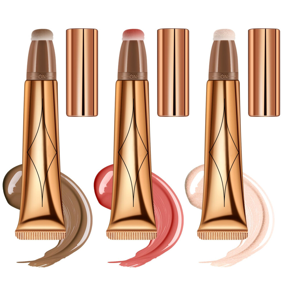 3PCS Cream Contour Beauty Wand with Cushion Applicator, Liquid Highlighter Wand, Blush Wand, Face Blush Illuminator Makeup Stick, Long Lasting Smooth