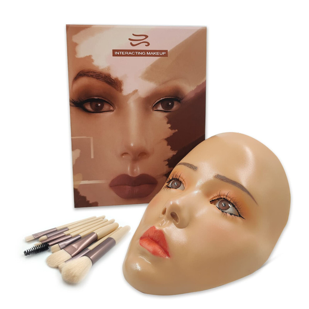 3D Makeup Practice Face,Reusable Makeup Mannequin Head with Makeup Brushes Set,Silicone Full Face Practice Eyelash Eye Shadow,for Emerging Makeup