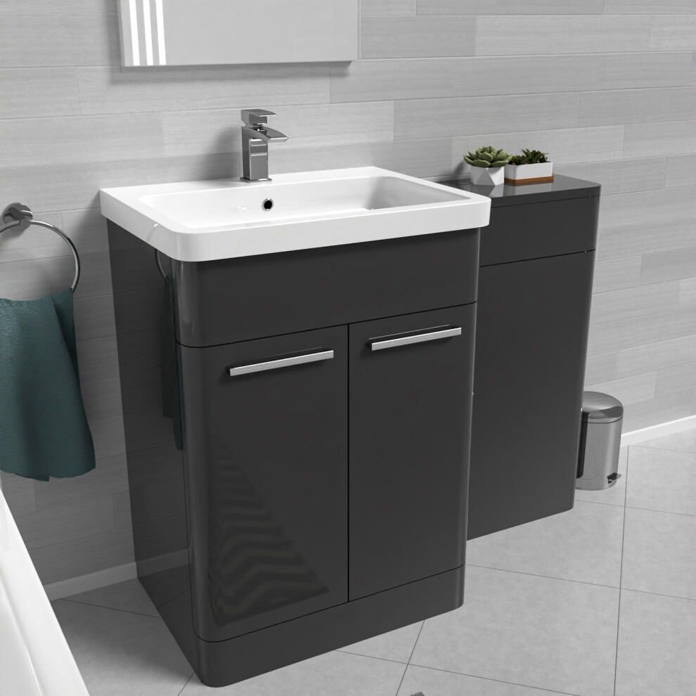 Nes Home Anthracite 600mm Freestanding Cabinet ,Ceramic Basin & WC Unit