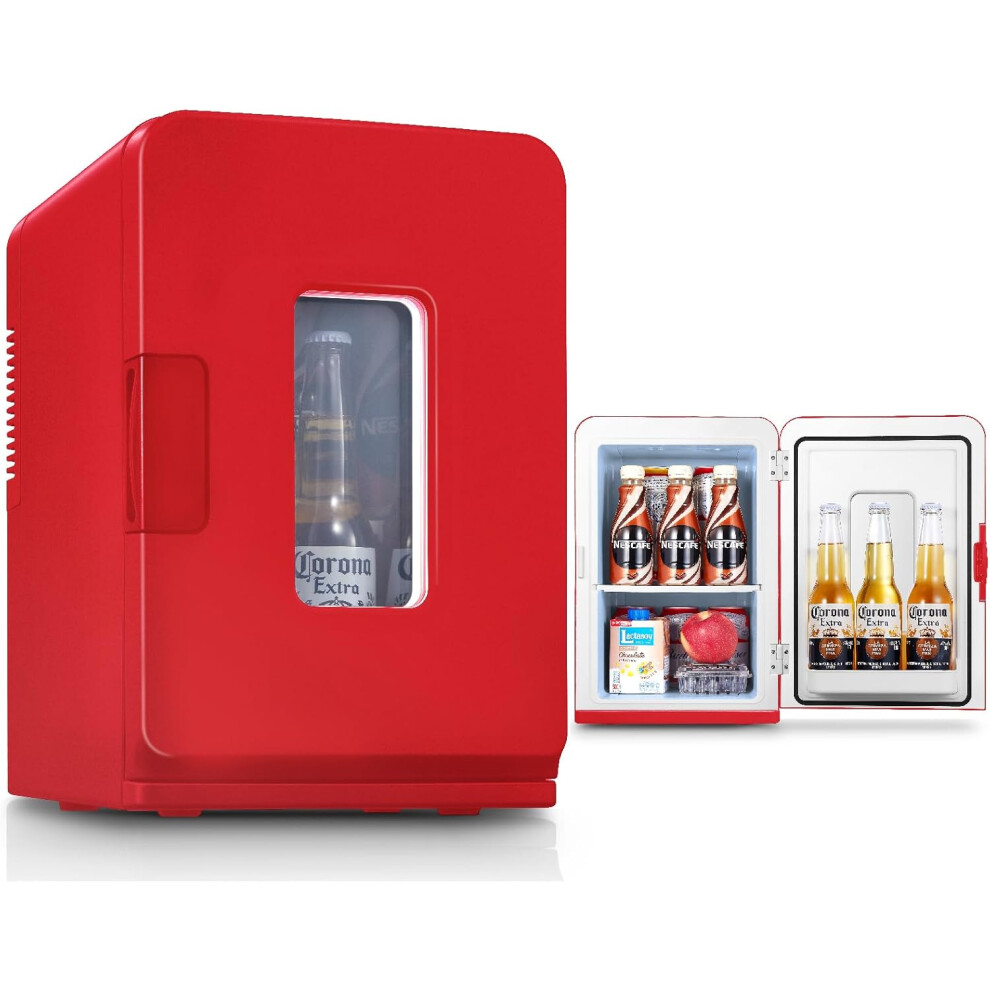 (Red) Portable AC+DC power supply small refrigerator for bedroom, car, office, thermoelectric cooler and heater skin care refrigerator for food, beverage,