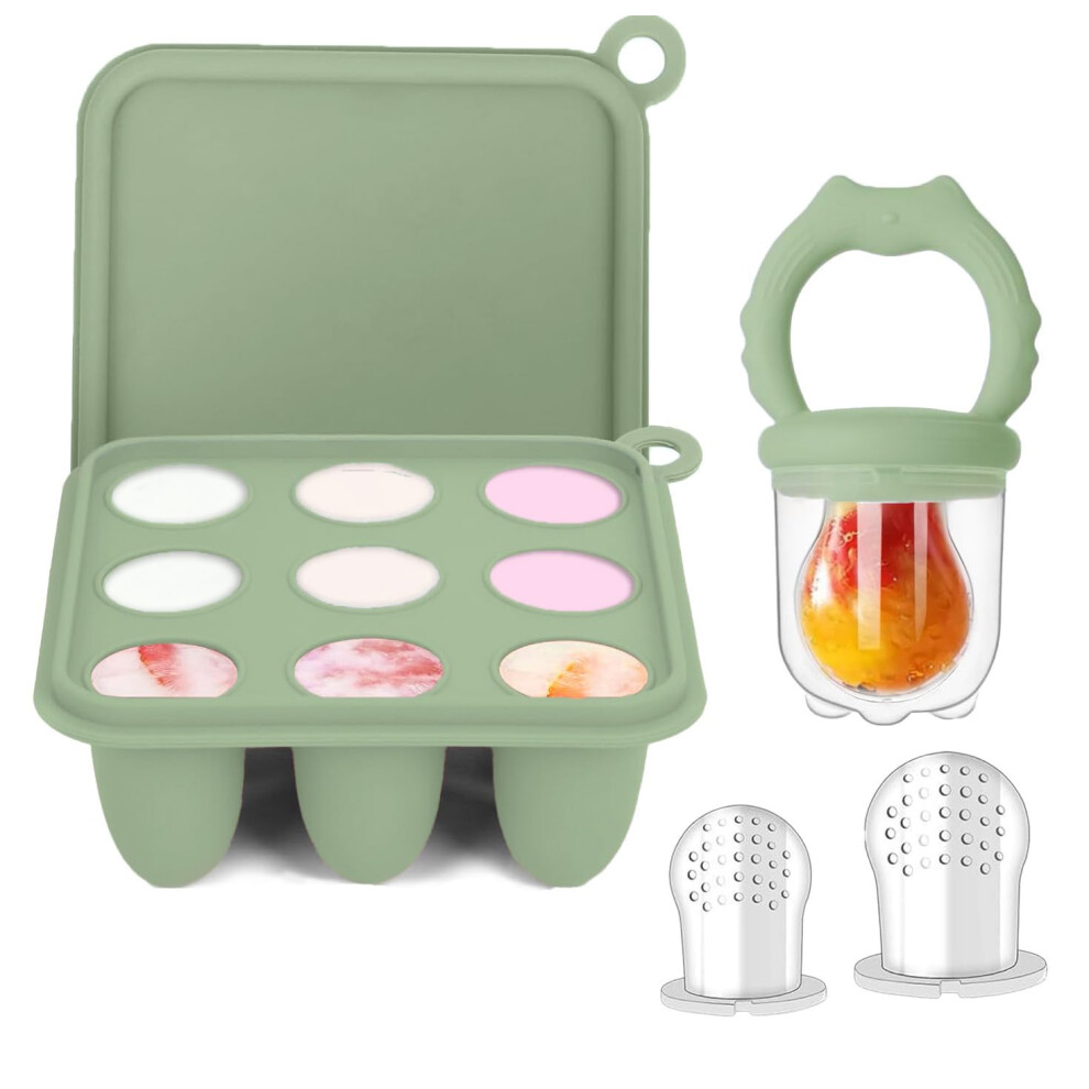 Silicone Baby Fruit Food Feeder Pacifier & Breastmilk Popsicle Freezer Molds, Baby Food Storage Containers Breast Milk Ice Cubes (Green) Green Zufio