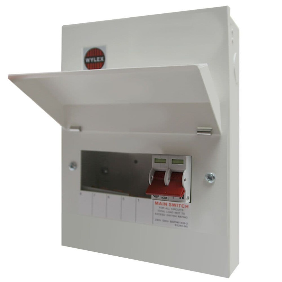 WYLEX 5 Way Metal Cons Unit + MAIN SWITCH ("L" VERSION- FIXED BUSBAR) (USES EXISTING & NEW DEVICES)